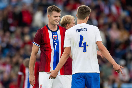 Alexander Sørloth of Norway and Robert Ivanov of Finland