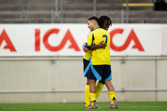 Jeremy Agbonifo of Sweden celebrates with Roony Bardghji