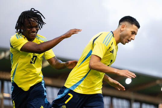 Roony Bardghji of Sweden celebrates with Jeremy Agbonifo