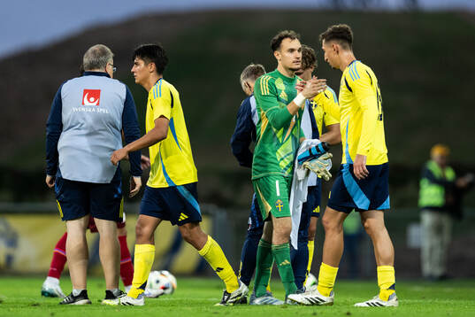 Matteo Perez Vinlöf, goalkeeper Elis Bishesari and Jonas