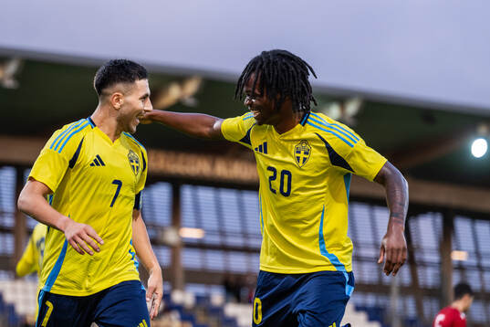 Roony Bardghji and Jeremy Agbonifo of Sweden celebrate