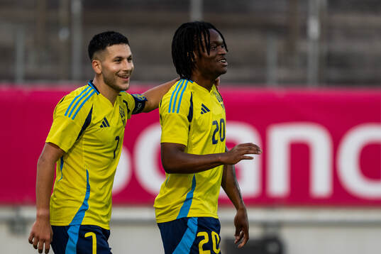 Roony Bardghji and Jeremy Agbonifo of Sweden celebrate
