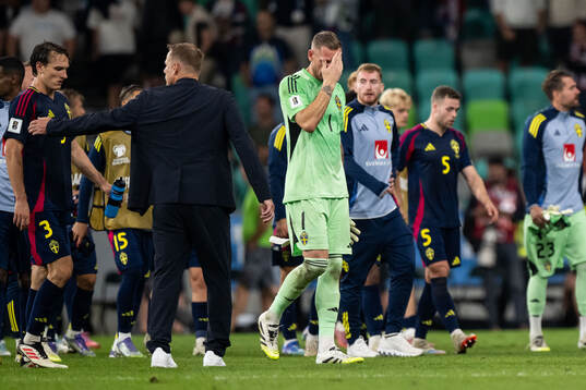 Goalkeeper Robin Olsen and Dejan Kulusevski of Sweden looks