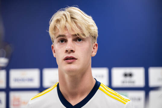Lucas Bergvall of the Swedish national football team at a
