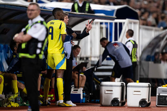 Head coach Jon Dahl Tomasson and Alexander Isak of Sweden