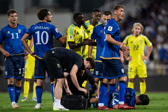 Ken Sema and Alexander Isak of Sweden with Fidan Aliti of