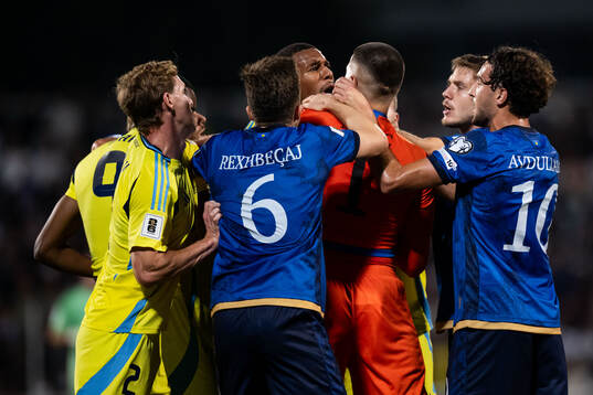 Alexander Isak, Emil Krafth and Isak Hien of Sweden against