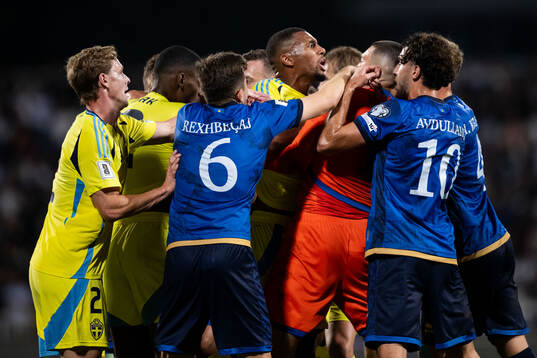Alexander Isak, Emil Krafth and Isak Hien of Sweden against