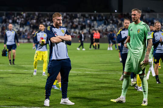 Dejan Kulusevski and goalkeeper Robin Olsen of Sweden