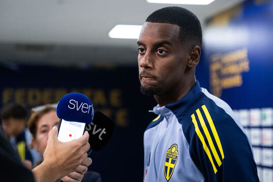Alexander Isak of Sweden in mixed zone