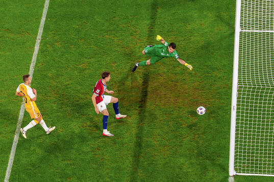 Felix Horn Myhre of Norway scores the 1-0 goal behind