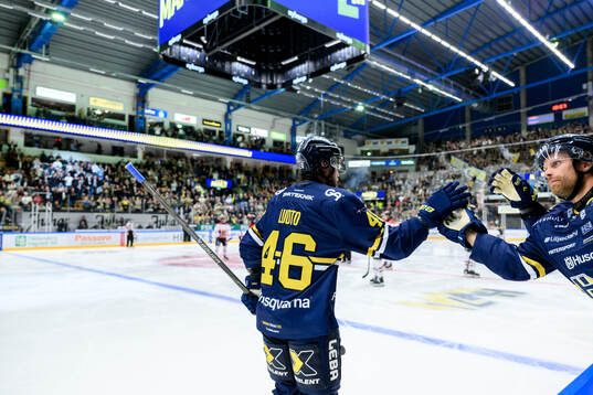 HV71s Joona Luoto och Mattias Tedenby jublar