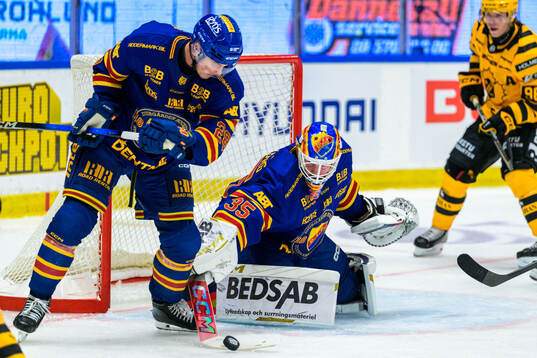 Djurgårdens Gustav Lindström och målvakt Magnus Hellberg