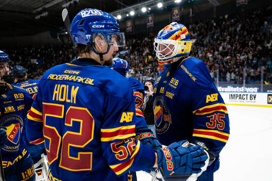 Djurgårdens Philip Holm och målvakt Magnus Hellberg jublar