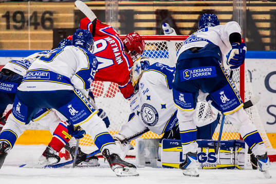 Timrås Sebastian Hartmann och Leksands målvakt Marcus