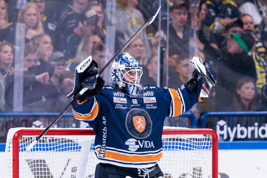 Växjös målvakt Adam Åhman jublar