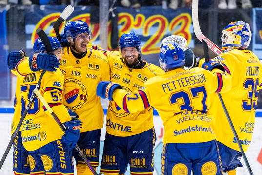Djurgårdens Valtteri Pulli jublar med lagkamrater
