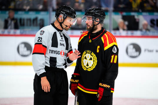 Domare Andreas Harnebring i diskussion med Brynäs Johan