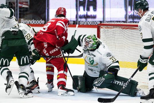 Timrås Eddie Genborg och Färjestads målvakt Emil Larmi