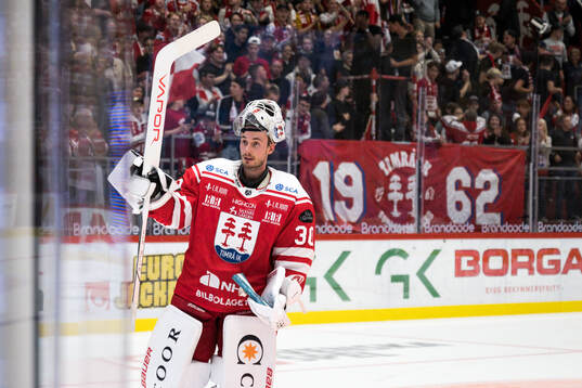 Timrås målvakt Jacob Johansson jublar