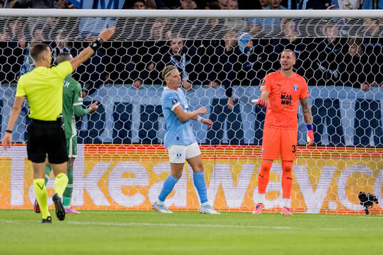 Jens Stryger Larsen and goalkeeper Robin Olsen of Malmö FF