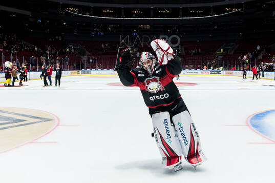 Malmö Redhawks målvakt Marek Langhamer jublar