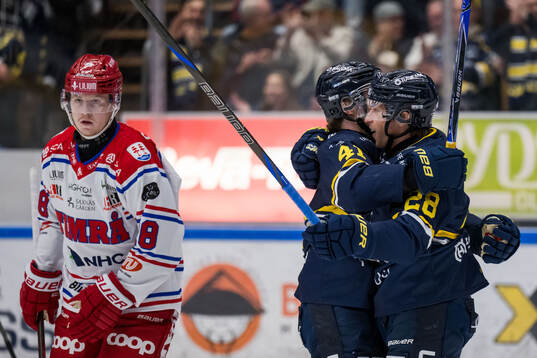 Timrås Eddie Genborg deppar och HV71s Riley Woods och