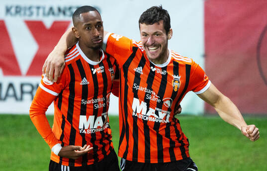 Kristianstads FC målskyttar Omar Dampha och Paolo Lilja i