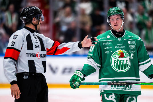 Domare Mattias Enroth och Rögles Anton Bengtsson