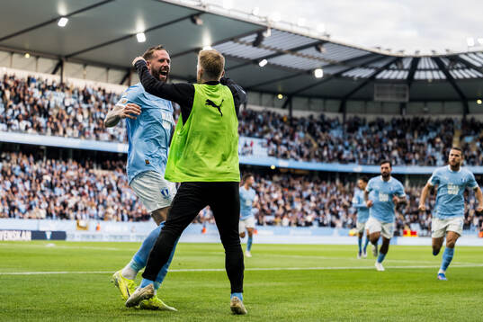 Malmö FFs Pontus Jansson och Anders Christiansen jublar