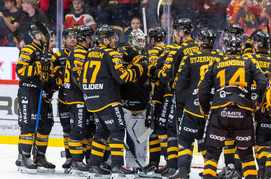 Skellefteå spelare jublar med målvakt Strauss Mann