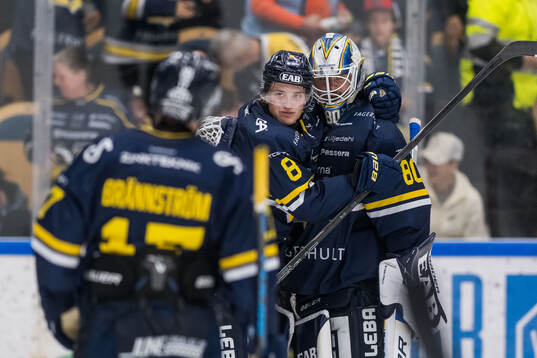 HV71s Lucas Lagerberg och målvakt Frederik Dichow jublar