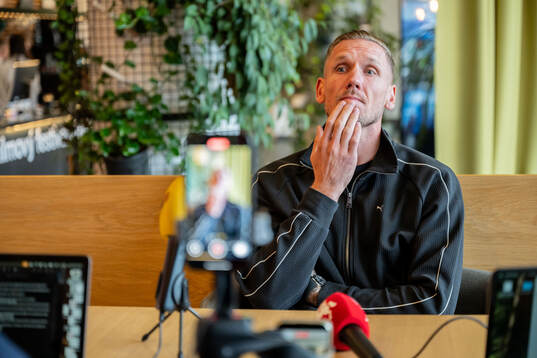 Goalkeeper Robin Olsen of Malmö FF is being interviewed at