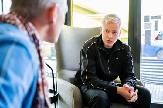 Otto Rosengren of Malmö FF is being interviewed at a press