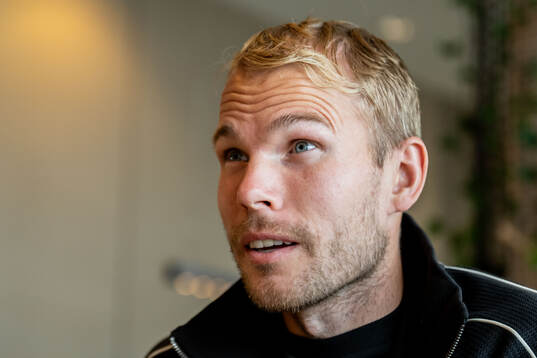 Oscar Lewicki of Malmö FF is being interviewed at a press
