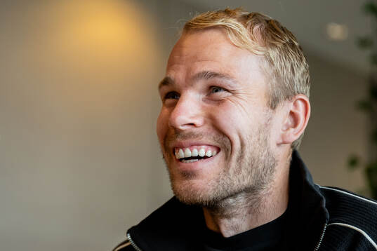 Oscar Lewicki of Malmö FF is being interviewed at a press