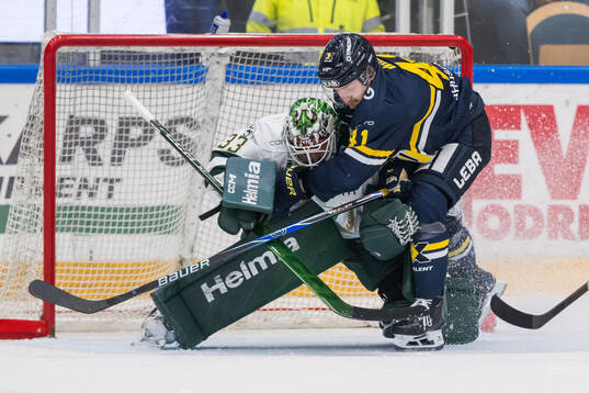 Färjestads målvakt Emil Larmi och HV71s Riley Woods