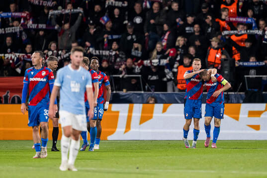 Matej Vydra and Amar Memic of Viktoria Plzen celebrates