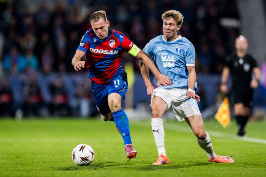 Matej Vydra of Viktoria Plzen and Hugo Bolin of Malmö FF