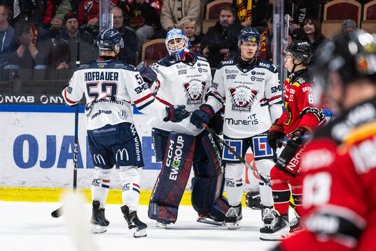 Linköpings Adam Hofbauer, målvakt Jesper Myrenberg och