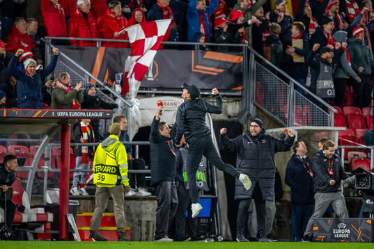 Freyr Alexandersson, head coach of Brann, celebrates at the