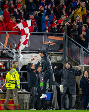 Freyr Alexandersson, head coach of Brann, celebrates at the