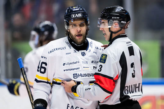 HV71s Joona Luoto i samtal med domare Linus Öhlund