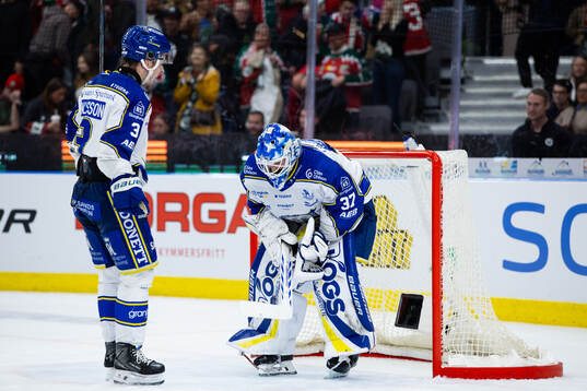 Leksands Fred Nilsson och målvakt Jakob Hellsten jublar