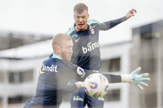 Goalkeeper Egil Selvik and Alexander Sørloth of the