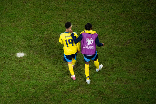 Roony Bardghji and Anthony Elanga of Sweden look dejected