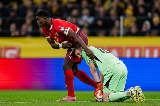 Breel Embolo of Switzerland and goalkeeper Viktor Johansson