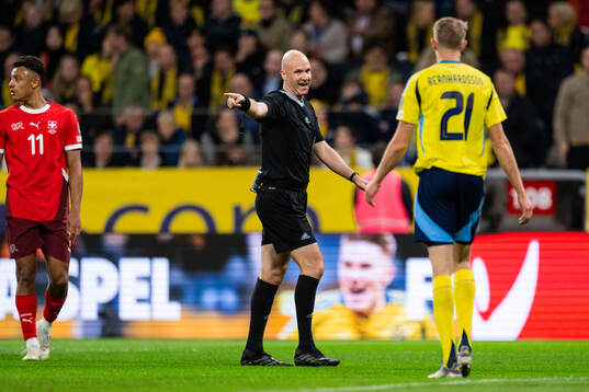 Referee Anthony Taylor and Alexander Bernhardsson of Sweden