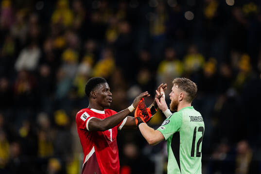 Breel Embolo of Switzerland and goalkeeper Viktor Johansson