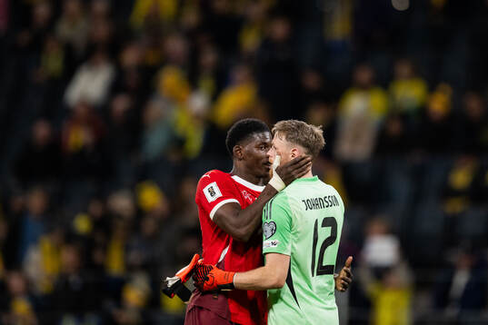 Breel Embolo of Switzerland and goalkeeper Viktor Johansson